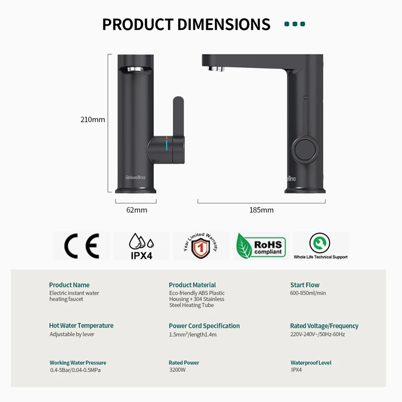 Электрический нагревательный кран Briwellna, 220 В, 3200 Вт, с дисплеем температуры