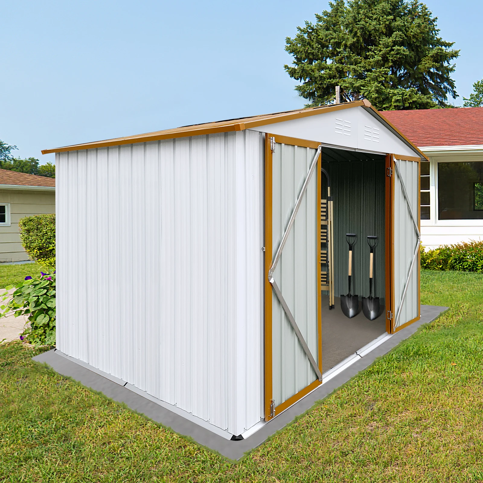 8 x 6 FT peaked tool house padlockable two-door storage shed with 4 perforated vents