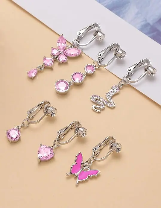 Belly Ring Dangle Clip on Butterfly Heart Round CZ Opal Snake Navel Ring Non Piercing Jewelry Set for Women Silver Tone