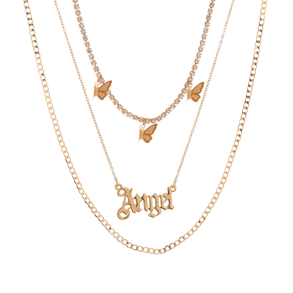3 многослойное крутые цепи для сумок, колье-чокер ожерелье, нержавеющая сталь, Бабочка, кисточками и бриллиантами на цепочку Ангел колье с подвеской в виде буквы для «Гладиатор» с ремешками для женщин