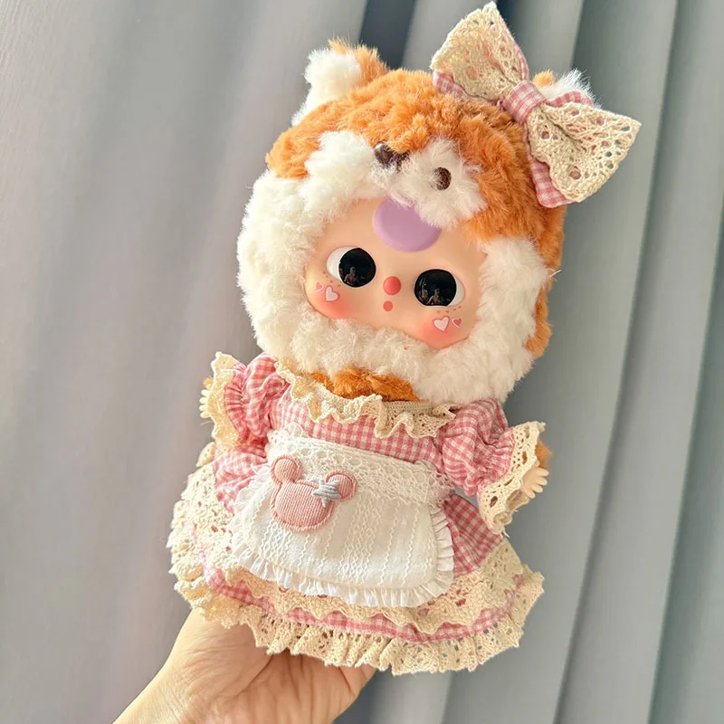 Only clothing High Quality 20cm Baby Three Cute Series Baby Clothes Plush Doll Checkered Mickey Maid Dress