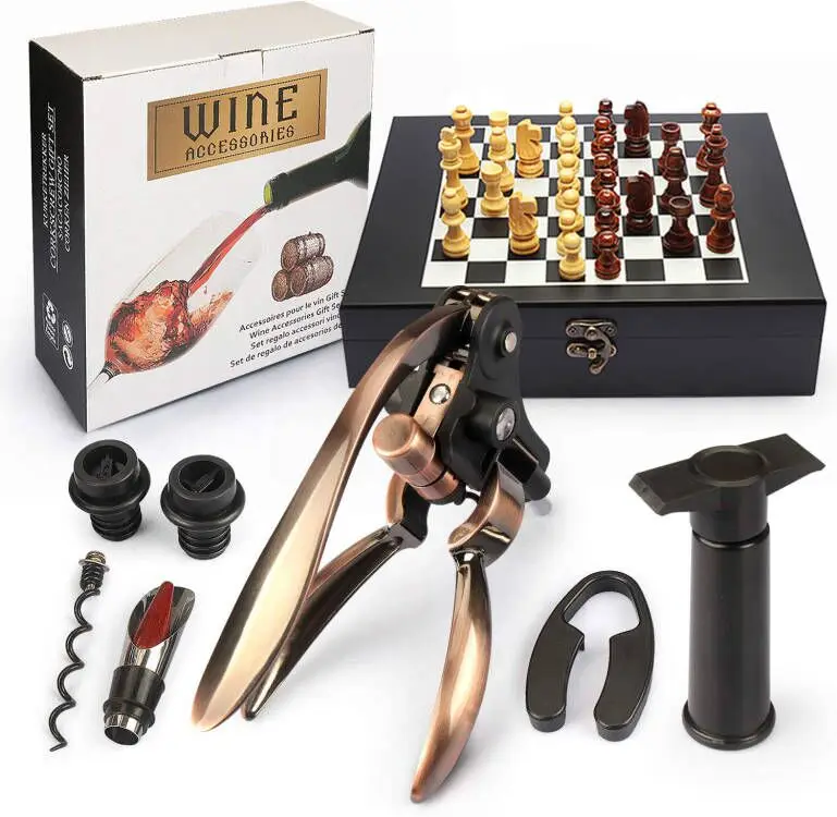 Factory supply Wooden chess game set wooden box wine accessories set wine corkscrew opener gift set