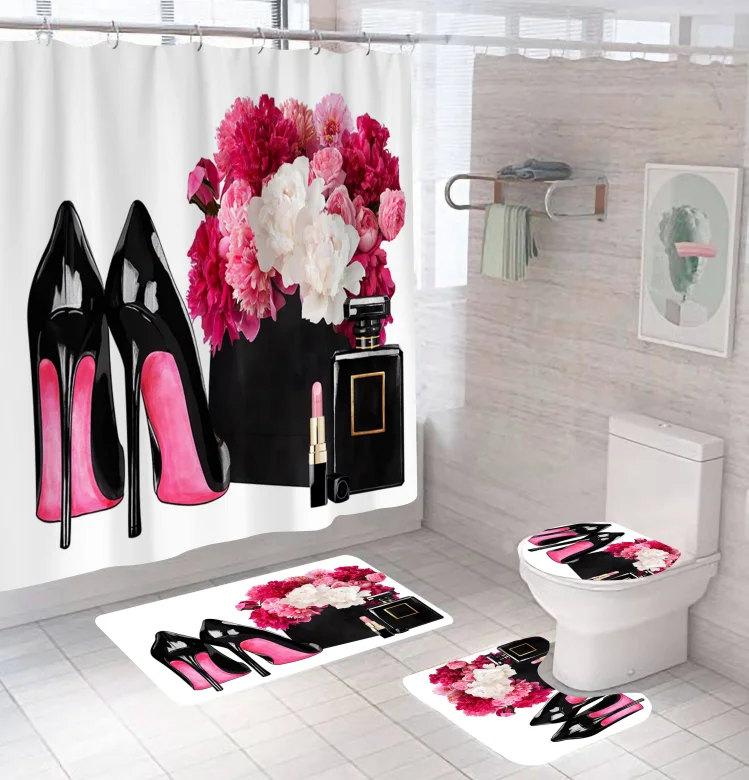 Custom Tulip Flower Printed Bathroom Curtain Set,Floral Customised Design Bathroom Sets With Shower Curtain