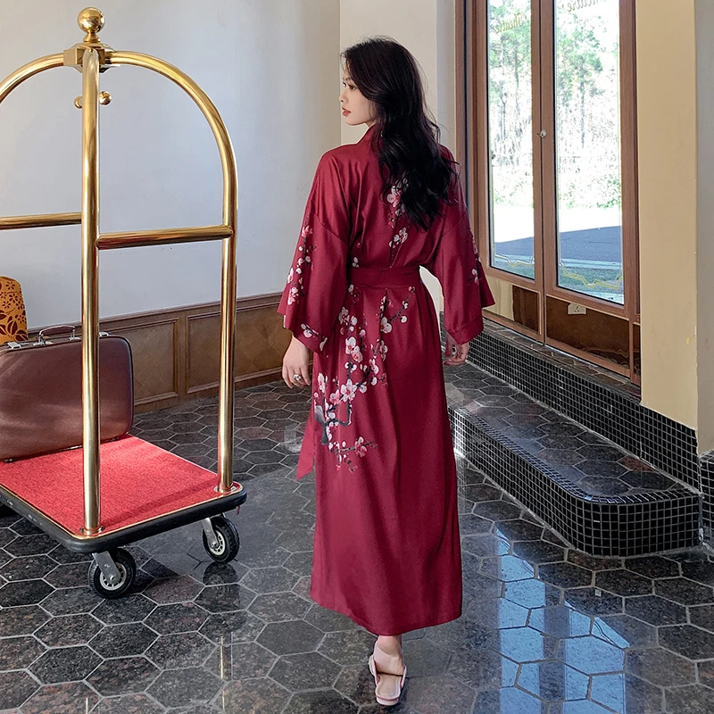2023 kimono Robe print  pajamas Belted Luxury long sleeve nightwear set gown sexy women 100% silk Satin Robe