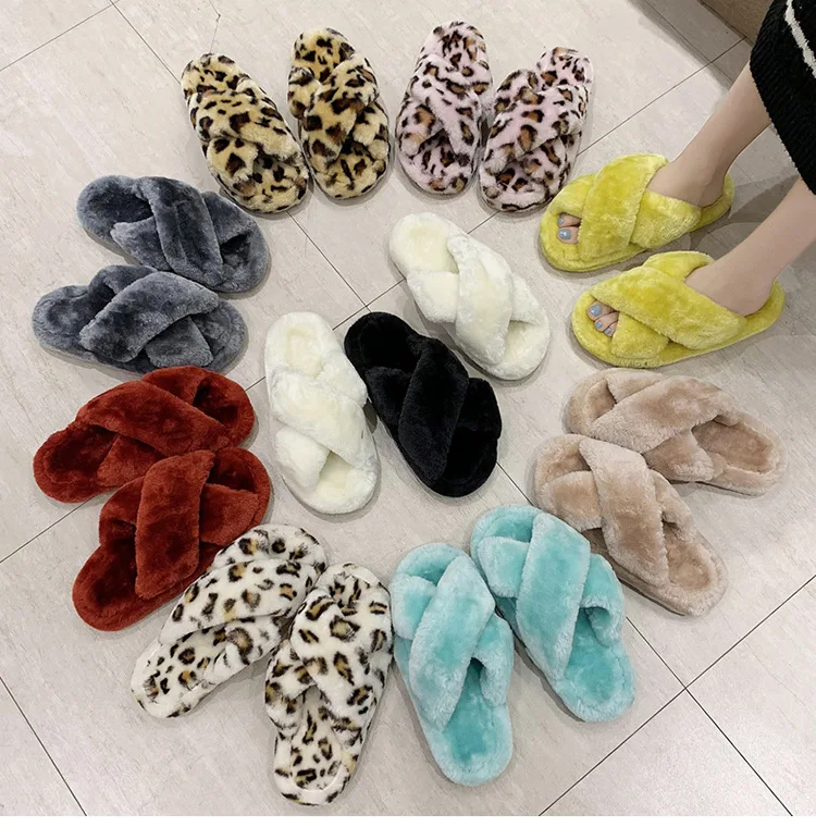 
Furry Women Leopard Slippers Faux Fur Ladies Cross Soft Female Open Toe Shoes 