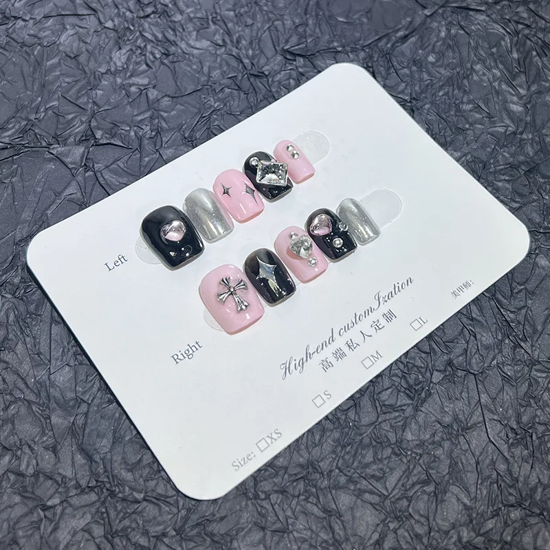 Sweet Cool Black Powder Sweetheart Croheart Love Sugar Bright Diamond Short Nail Art Patch Pure Hand-worn Armor Wholesale