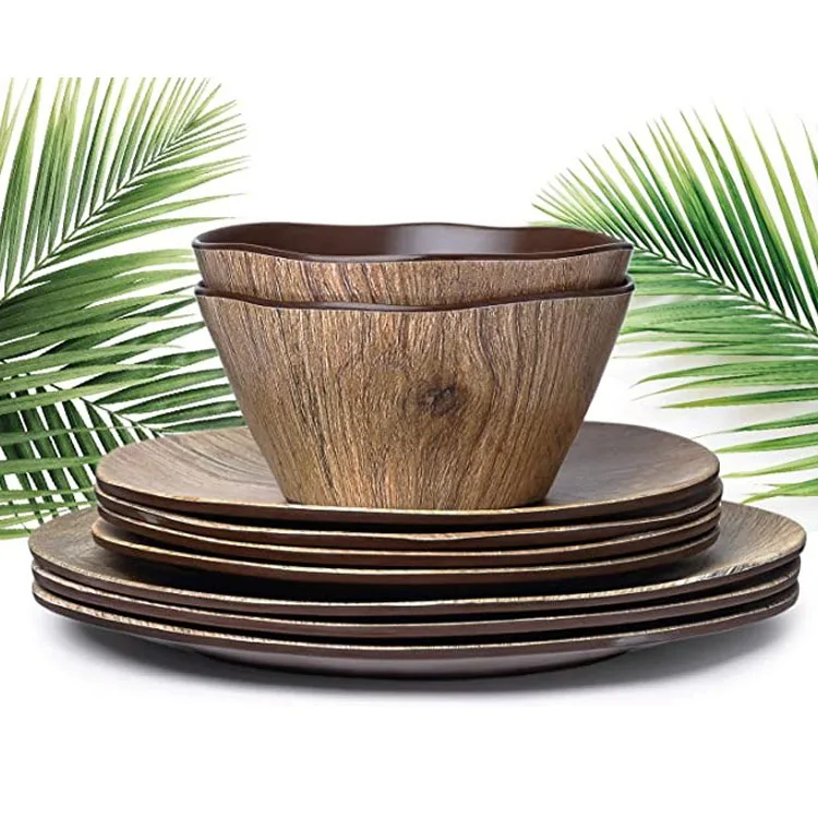 Wooden grain sustainable round 100% melamine tableware dinner set