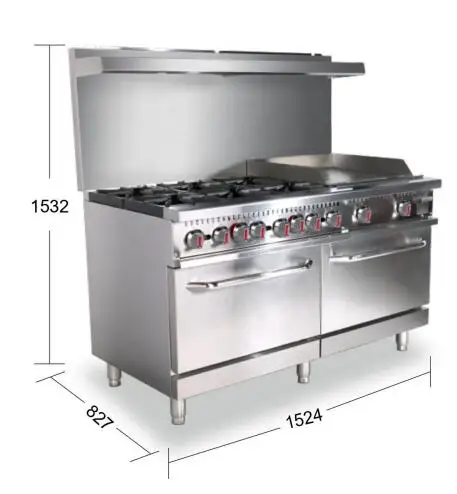 SHINEHO FSO-60-G24 6 Burners Gas Range With Griddle  Commercial 6Burner Gas Thermostatic Griddle With ETL Certificate