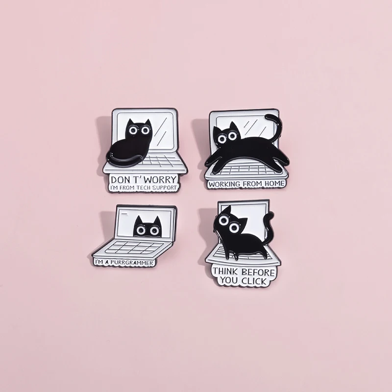 Black Cat Enamel Pins Custom THINK BEFORE YOU CLICK Brooches Lapel Badges WORKING FROM HOME Funny Jewelry Gift for Friends
