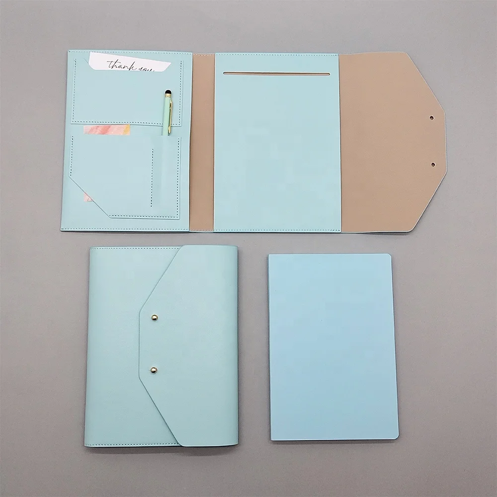 Stylish Custom PU Leather Softcover Tri- Folder Handbag Notebook Portable Button Closure Planner with Inner Insert Pocket