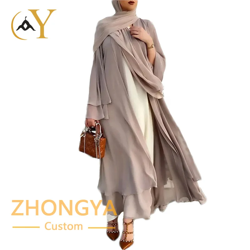 Customized Modest Muslim Dresses Pleated Front Open Chiffon Women Abaya Dubai Islamic Clothing 2023