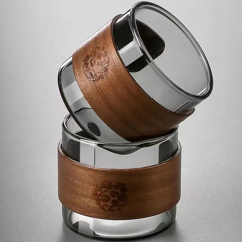 39Years Factory High Borosilicate Glass Tea Cup Wooden Holder Small Size Grey Color Glass Tea Mug 150ml Capacity