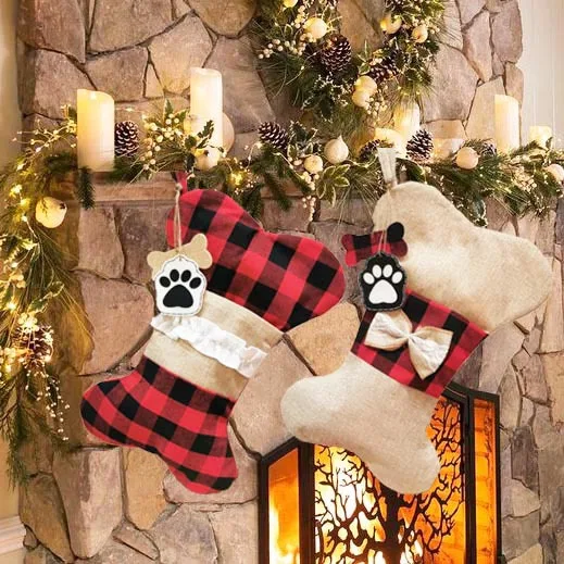 Free Sample Buffalo Plaid Christmas Stockings Large Bone Shape Hanging Pets for Dogs Decorations