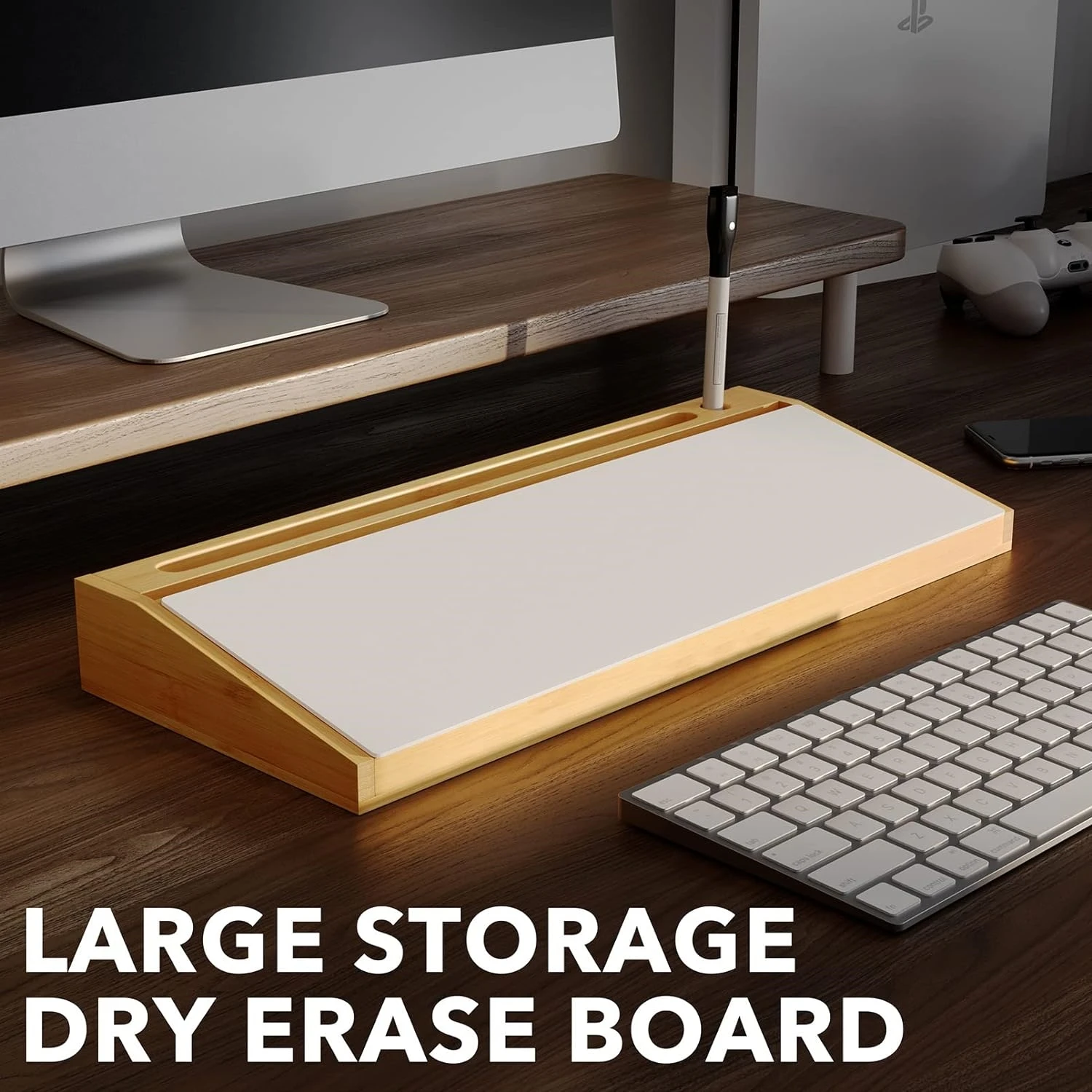 Bamboo Desktop Whiteboard with Organizer Box Office Desk Dry Erase White Board Holder Computer Keyboard Stand Pad for Office