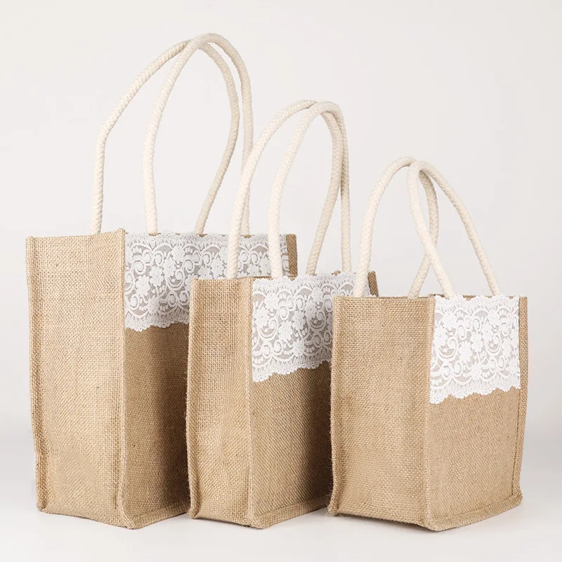 Custom Logo Printed Eco Recycle Natural Foldable Reusable Jute Burlap Linen Shopping Tote Bag With Lace