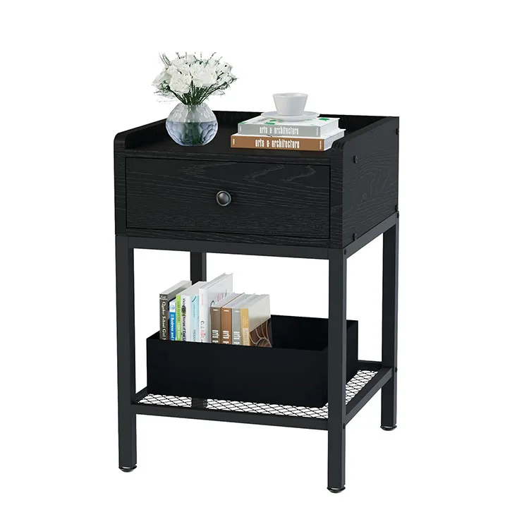 Modern 2-Tier Side Table with Drawer Bedside Table Night Stand Storage Shelf with Metal Frame for Bedroom, Living Room