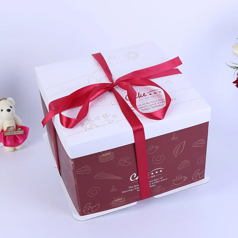 Custom Made 6 Inches 8 Inches 10 Inches Tall Cake Box With Bottom Board Big Packaging Cake Box With Ribbon