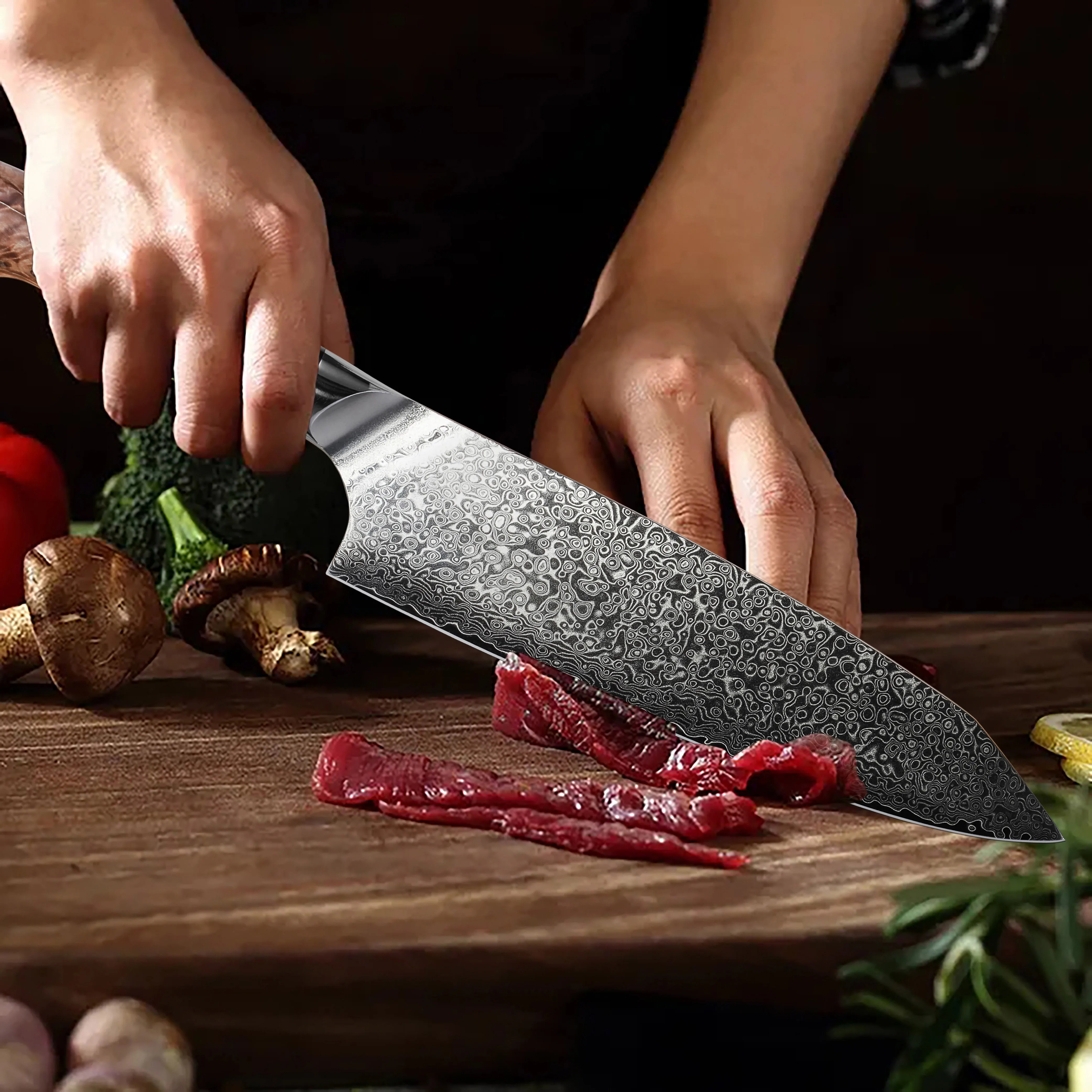 Оптовая продажа кованые 8 дюймов острые кухонные ножи из дамасской стали с деревянной ручкой смолы