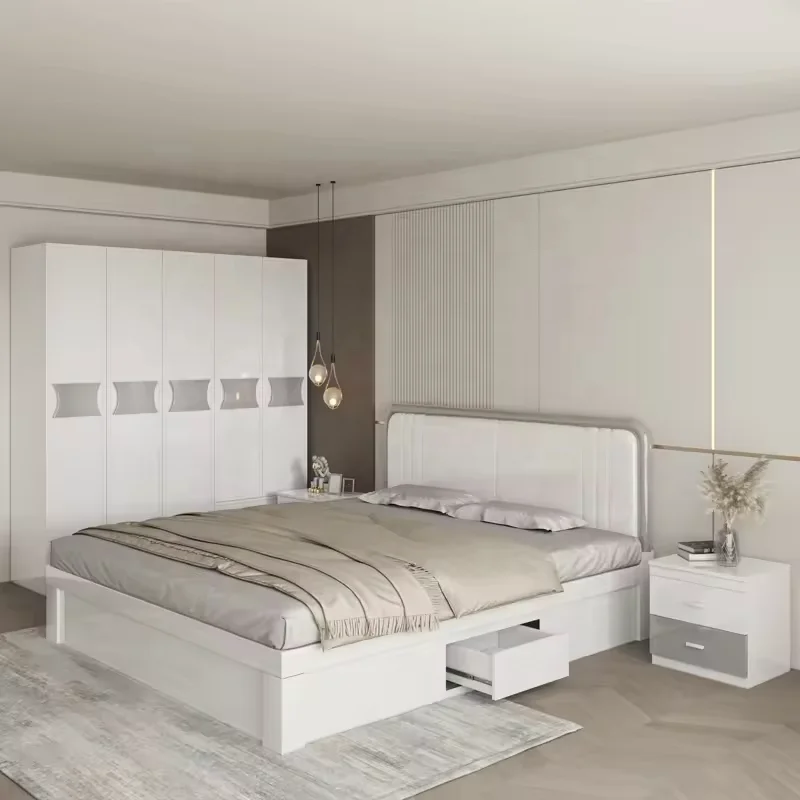 Customized white High Gloss modern bedroom furniture set Queen King Bed Night Cabinet