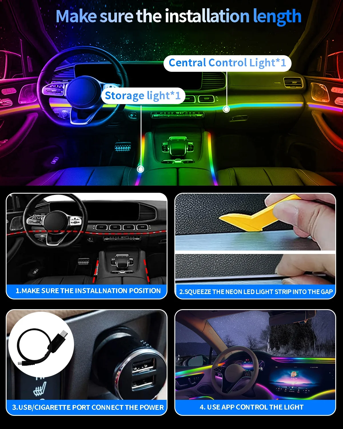 1 IN 18 Car Interior Atmosphere Light Kit Strip RGB Neon Acrylic Fiber Optic Accessories LED Lights Decoration Ambient Lighting