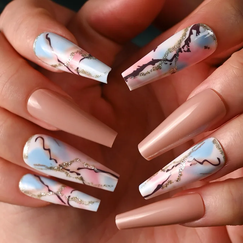 Loved by Europe and United States artificial nails finished false long marbled nail patches press on nails