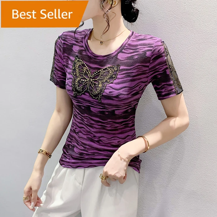 Women Sexy Slim Knit Casual Leopard T-Shirts with Butterfly Rhinestone and Shiny Sequins Short Sleeve Nightclub Undershirt Tops