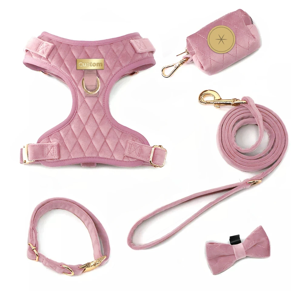 INS hot selling Custom Personalized Corduroy Dog Harness Set Pet Velvet Leash Collar Harness Leads No Pull Dog Harness Luxury