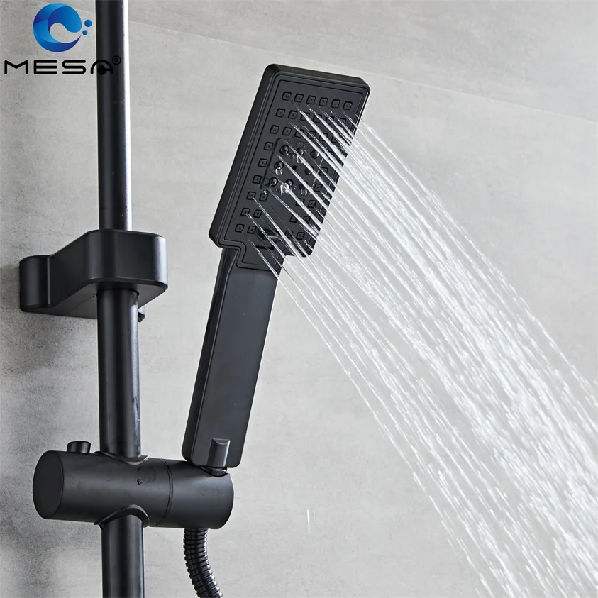 MESA 3 Function Black Shower Systems with Rain Shower Handheld Spray Gun and Shelf