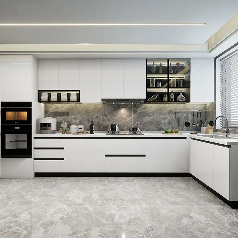 China Made Vercca Modern Luxury Flat Pack Cheap White Lacquer Wood Kitchen Cabinets