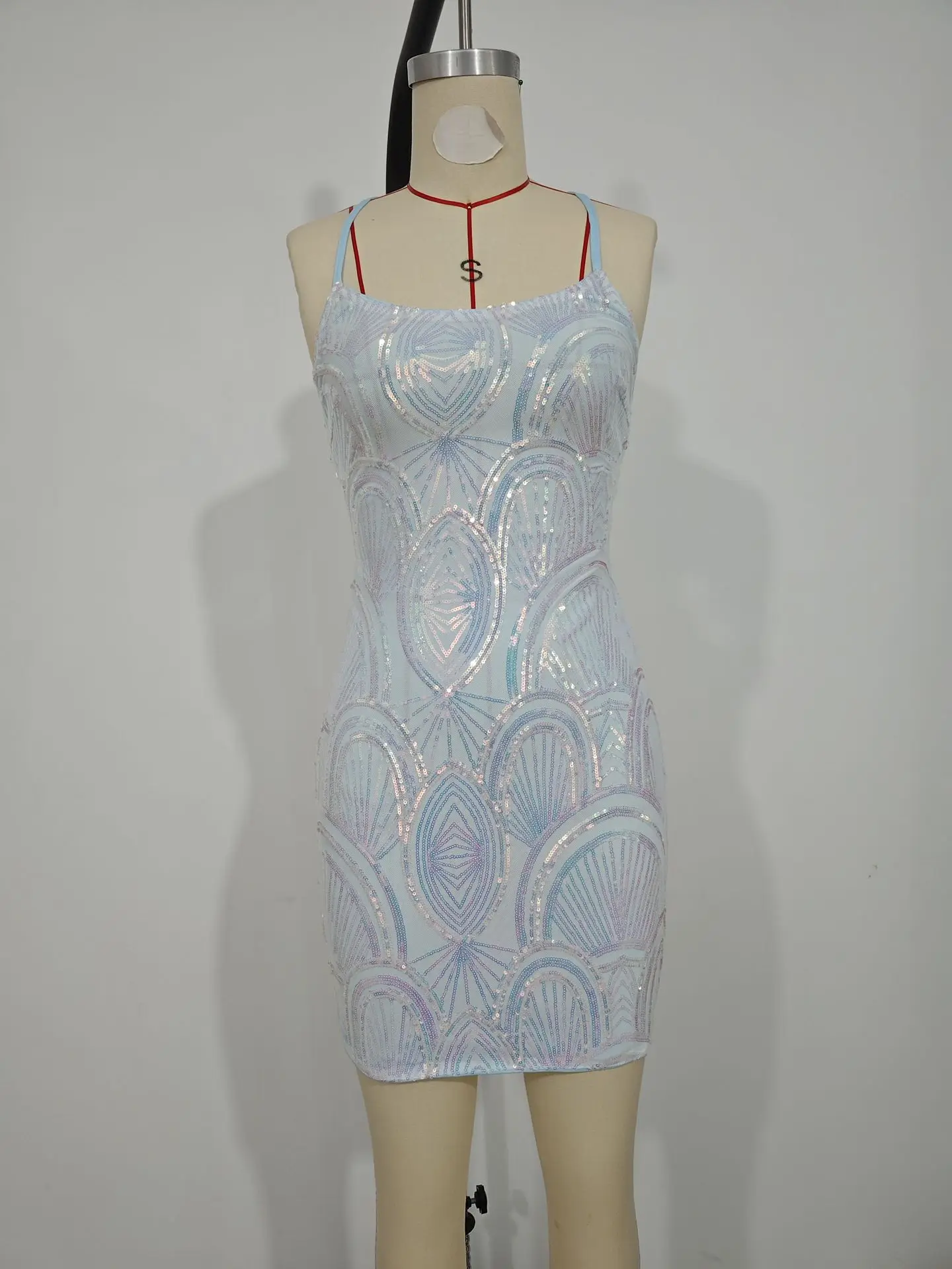 Light blue sleeveless sequined Sexy dress pattern open back fitted short prom party mini dresses women ladies