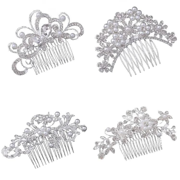Wholesale Fashion Bride Headpiece Hair Jewelry Accessories Alloy Silver Rhinestone Pearl Hair Comb for Wedding