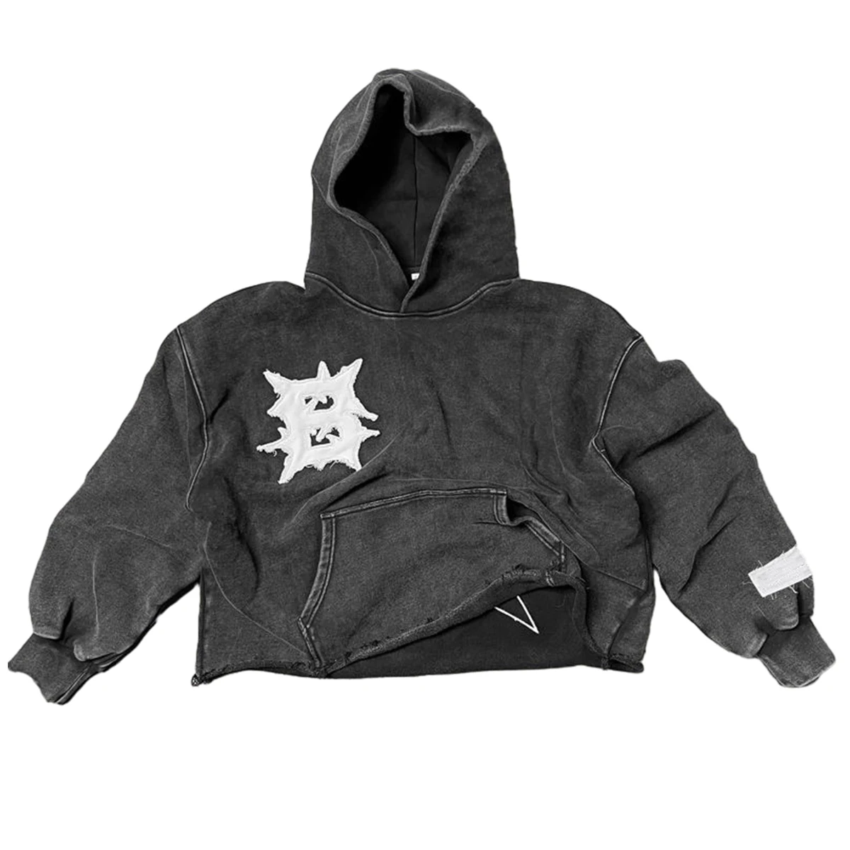 Streetwear Fade Distressed Hoodies Custom Design Men Oversized Heavyweight Vintage Wash Embroidery Patchwork Cropped Boxy Hoodie