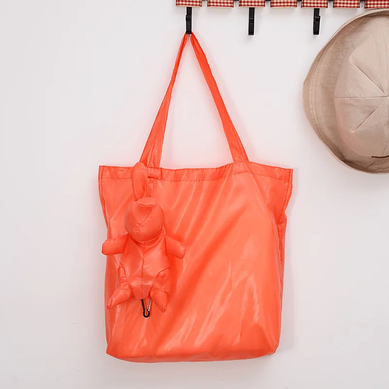 Custom recycled reusable bear doll shopping bags with logos foldable polyester nylon gift bags eco storage grocery tote bag