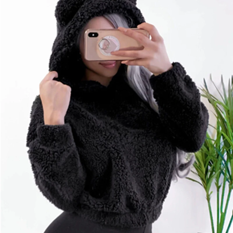 Womens Teddy Bear Ear Faux Fur Hoodies Sweatshirts Ladies Jumper Pullover Crop Tops Winter Warm Hoodie Fluffy Fleece Coat Sweats