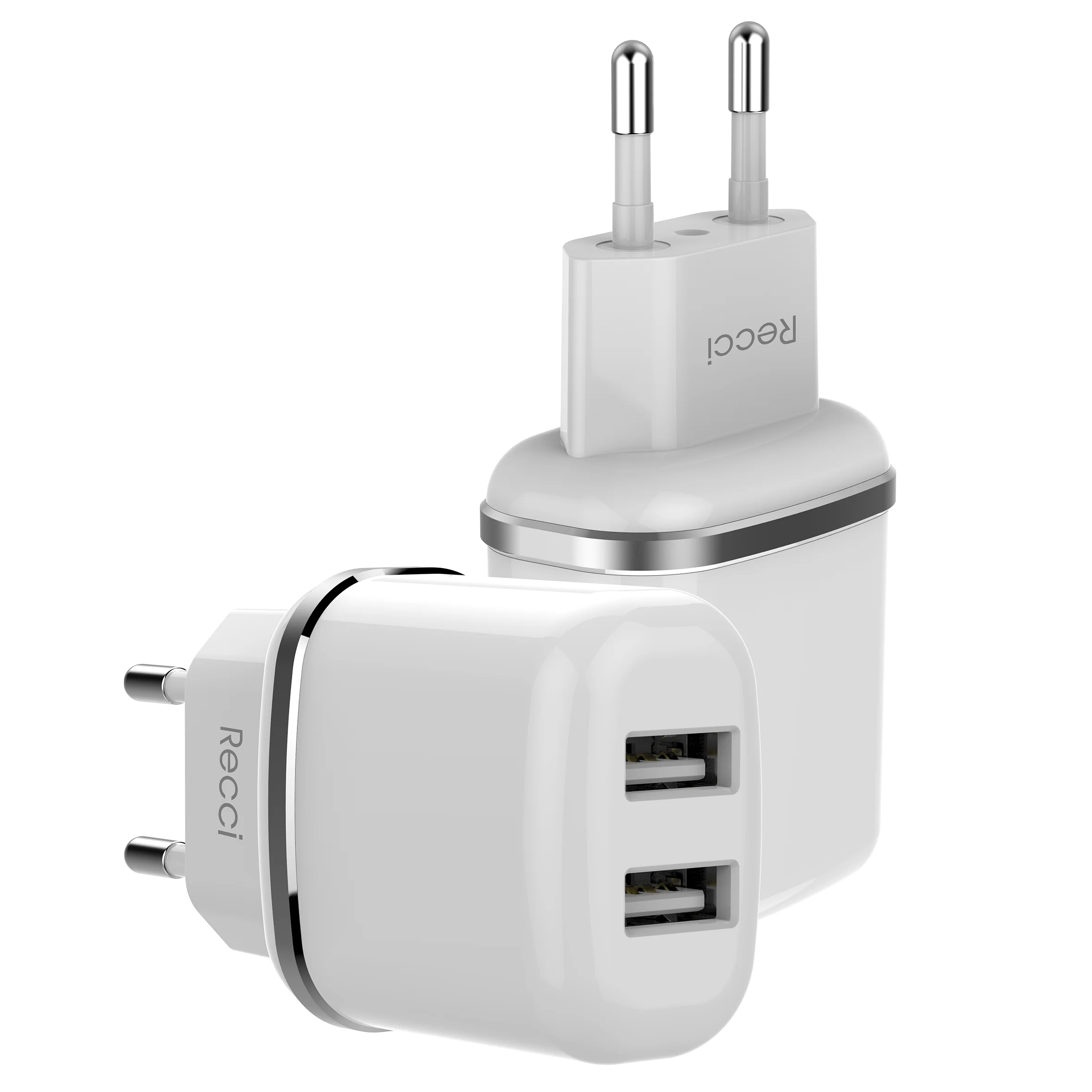 Recci High quality portable EU plug 5V2.4A Dual port  travel charger wall charger USB home adapter for iPhone mobile phone