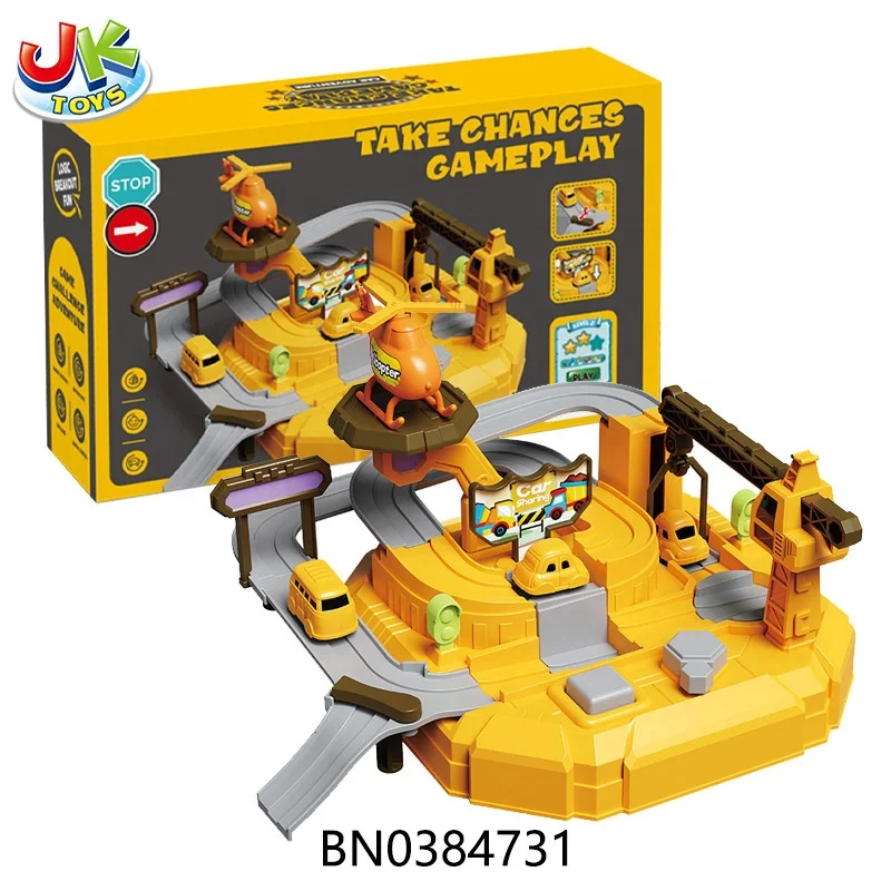 Tik Tok hot sale engineering adventure rail car set track toys cheap plastic table track city toy with mini car *2pcs