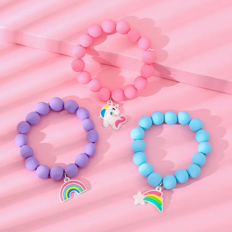BSL23010 New Arrival Autumn Cute Soft Rubber Bracelet Solid Color Barbi Pink Soft Elastic Resin Cartoon Beaded Bracelet For Kids