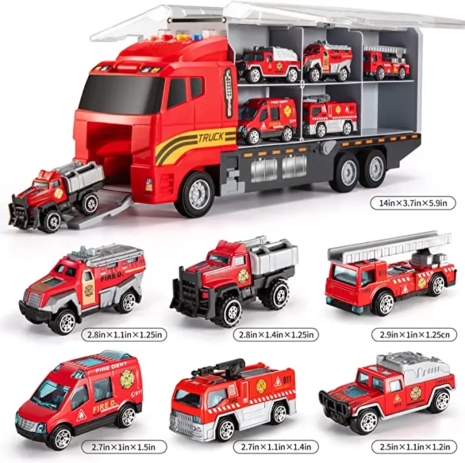 Die-cast Emergency Fire Rescue Vehicle Transport Car Toy Set w/Play Mat, Alloy Metal Fire Truck Toys Set