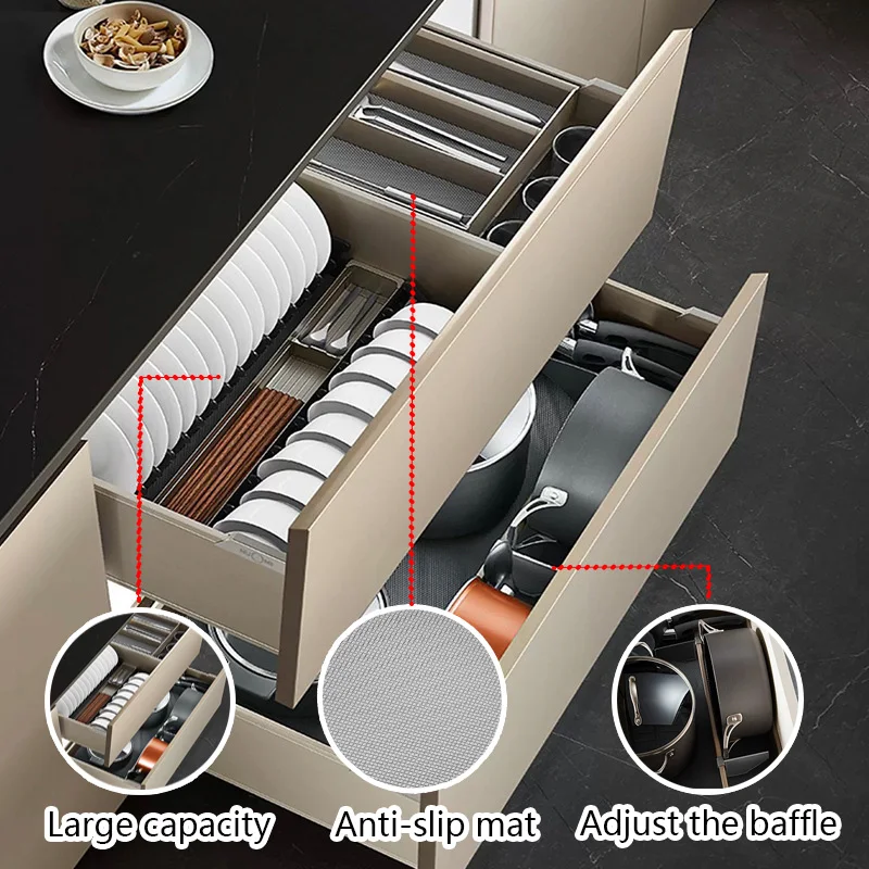 Aluminum Alloy 2-Tier Kitchen Cabinet Drawers Pull-out Slide-Out Built-in Basket Organizer with Dish Rack
