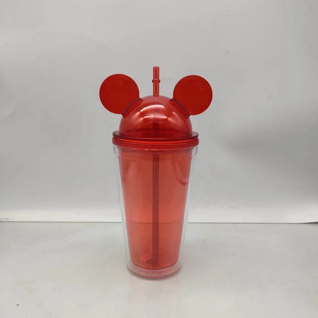
16oz hot sale double wall plastic water cup tumbler with mickey mouse lid with straw travel mug BPA free 