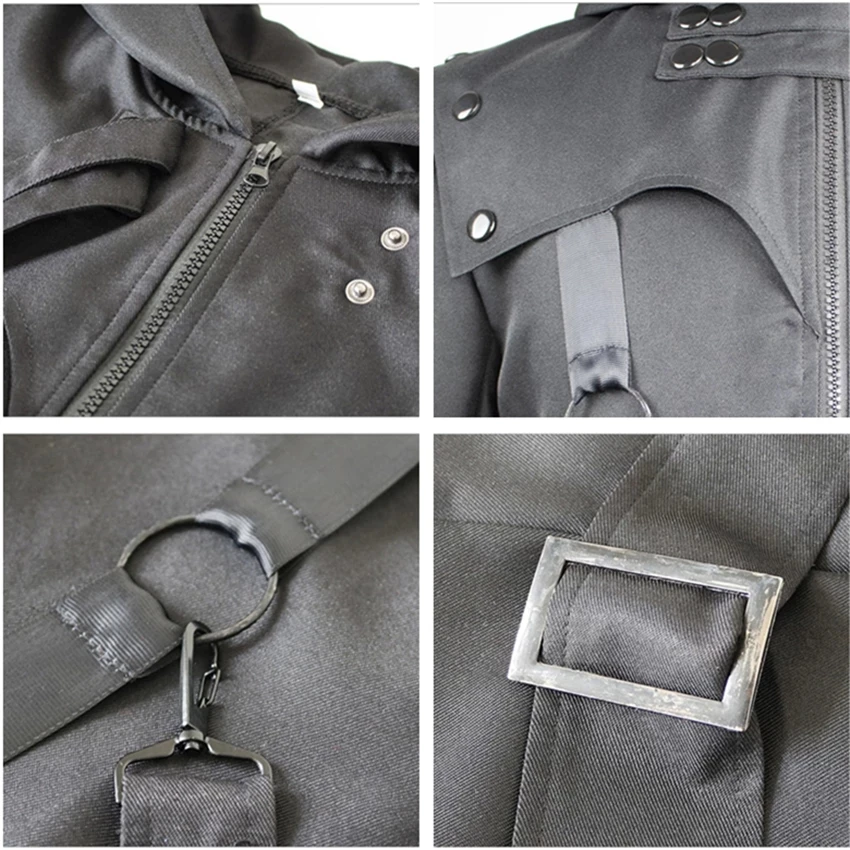 Vintage Gothic Steampunk Renaissance Man Jacket Medieval Autumn Hooded Zipper Coat Costume for Men Plus Size Black Strap Tuxedo