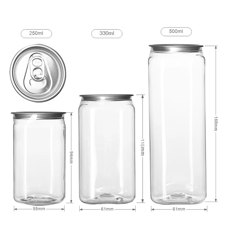 250 ml 330 ml 500 ml Food Grade  Pet Plastic Beer Can Square Shape Ring Pull Lid Plastic Soda Can with can seamer
