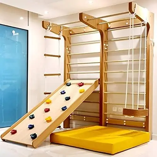 LM KIDS Kids Swedish Wall with Climbing Ramp Swing Rope Indoor Outdoor Play set for Kids
