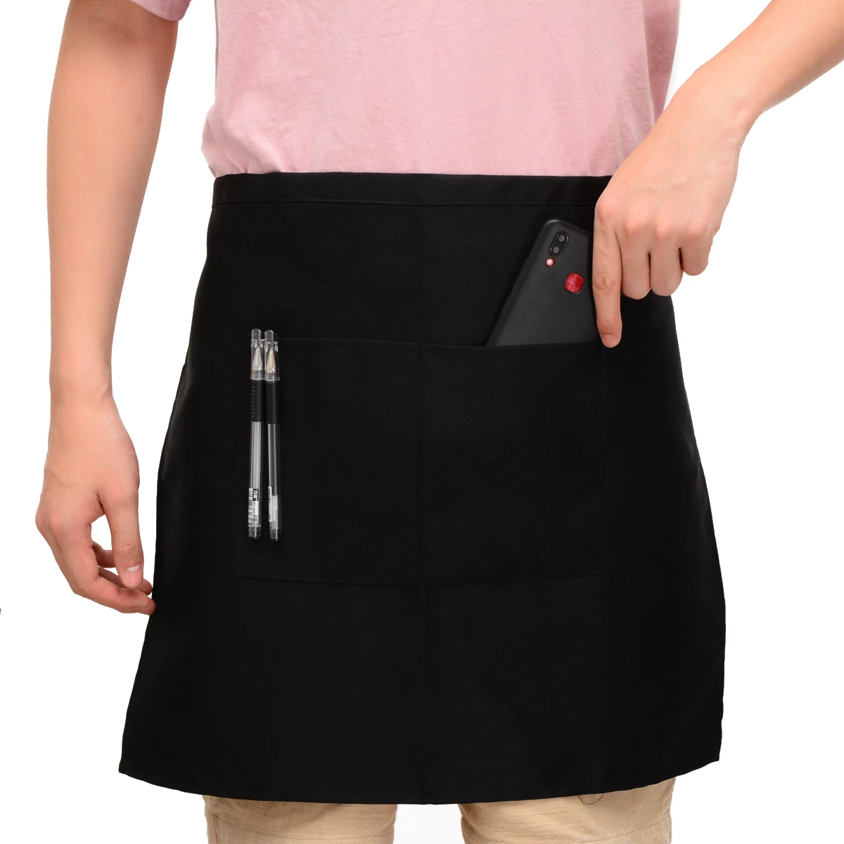 Restaurant Waiters Waitress Chef Kitchen Accessories 2 Style Black Waist Half Short Apron with Pockets
