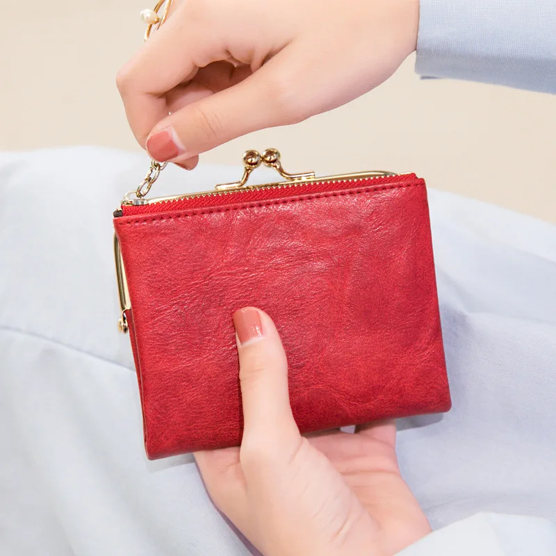 New PU Leather Card Holder Short Folding Wallet With Metal Clip Frame Change Pocket Women Coin Purse