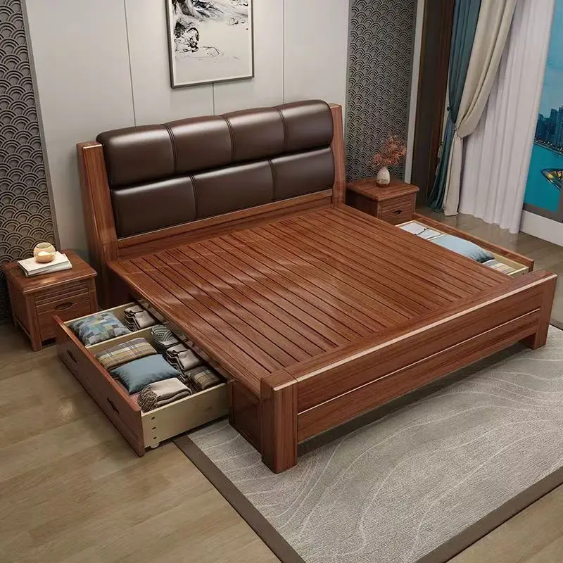 Modern new Chinese style Walnut solid wood bed Master bedroom soft leather bed 1.8m wedding bedroom high box