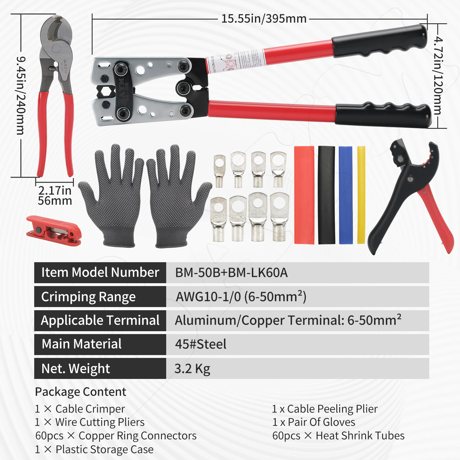 Battery Cable Lug Crimping Tool Kit For Copper Battery Cable Crimper with Stripper 60pcs Copper Battery Lugs/Heat Shrink Tubes