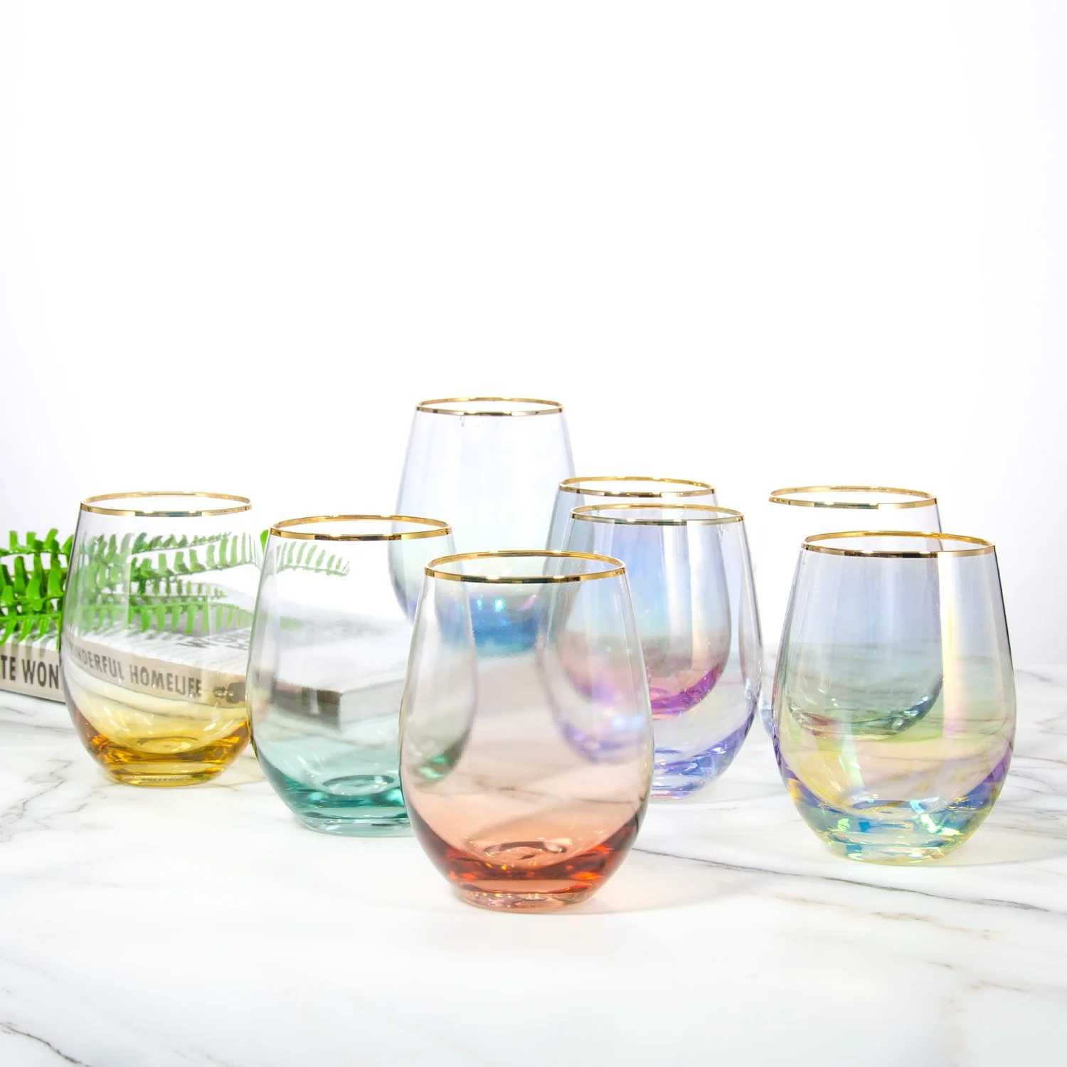 Electroplating Colored Glassware Egg Shape Drinking Juice Water Glass Customized Stemless Wine Glass Tumbler With Gold Rim
