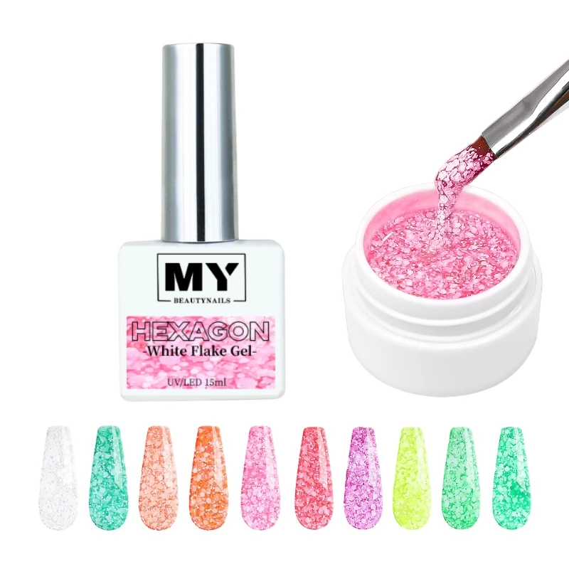 MyBeautyNails Gel Polish Set Nail Art Glitter Ombre Designs Hexagon White Color Flake Gel Chunky Glitter Gel Nail UV
