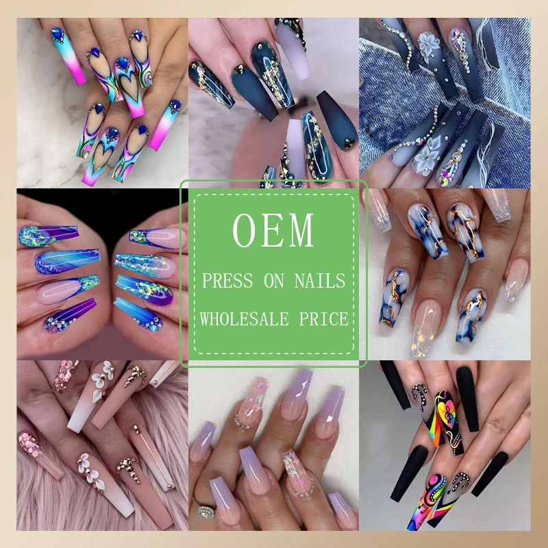 Coffin Press on Nails Long Gradient Blue Fake Nails Acrylic Glitter Diamond False Nails with Designs Blue Ballerina Glue on Tips